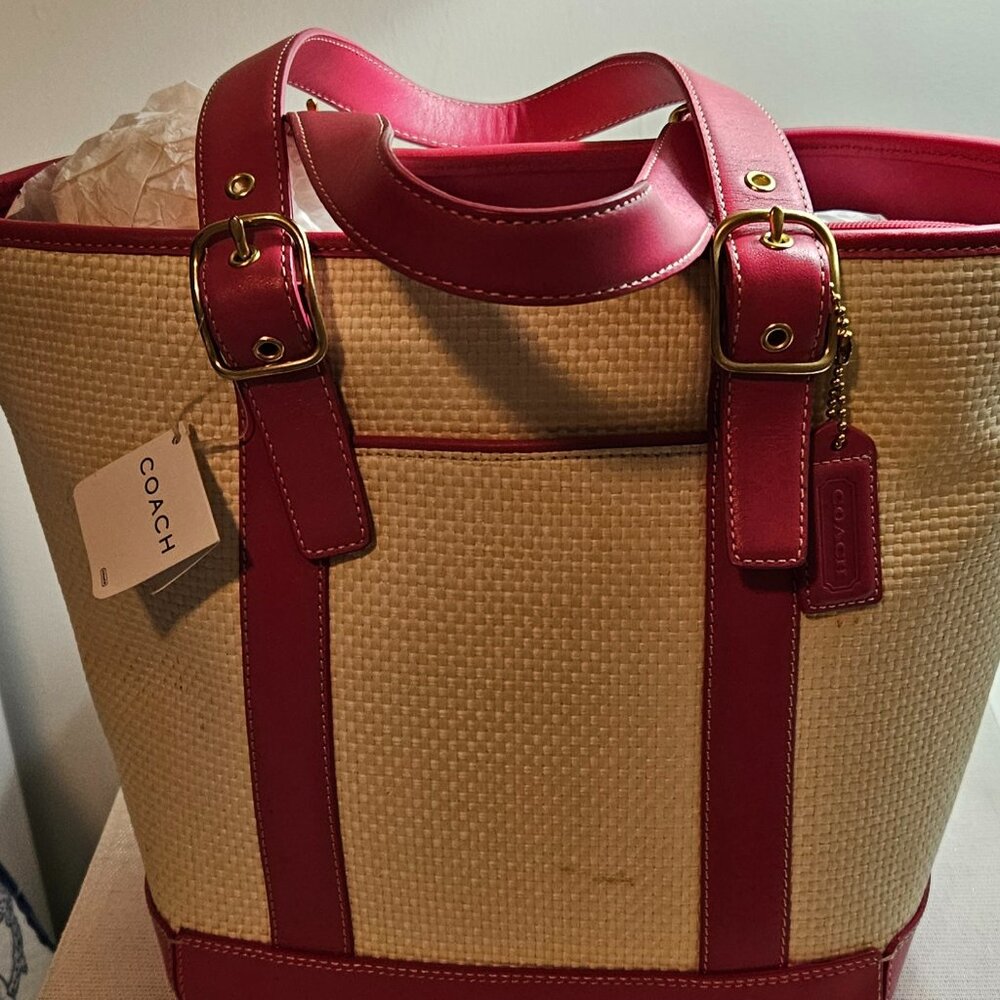 Vintage Coach Straw and Leather Tote